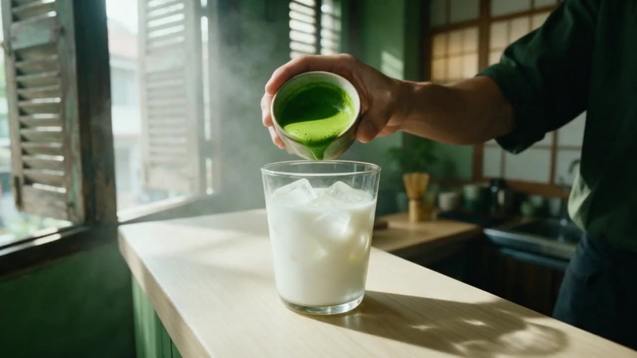 A glass of milk and ice on a café counter, green matcha about to pour