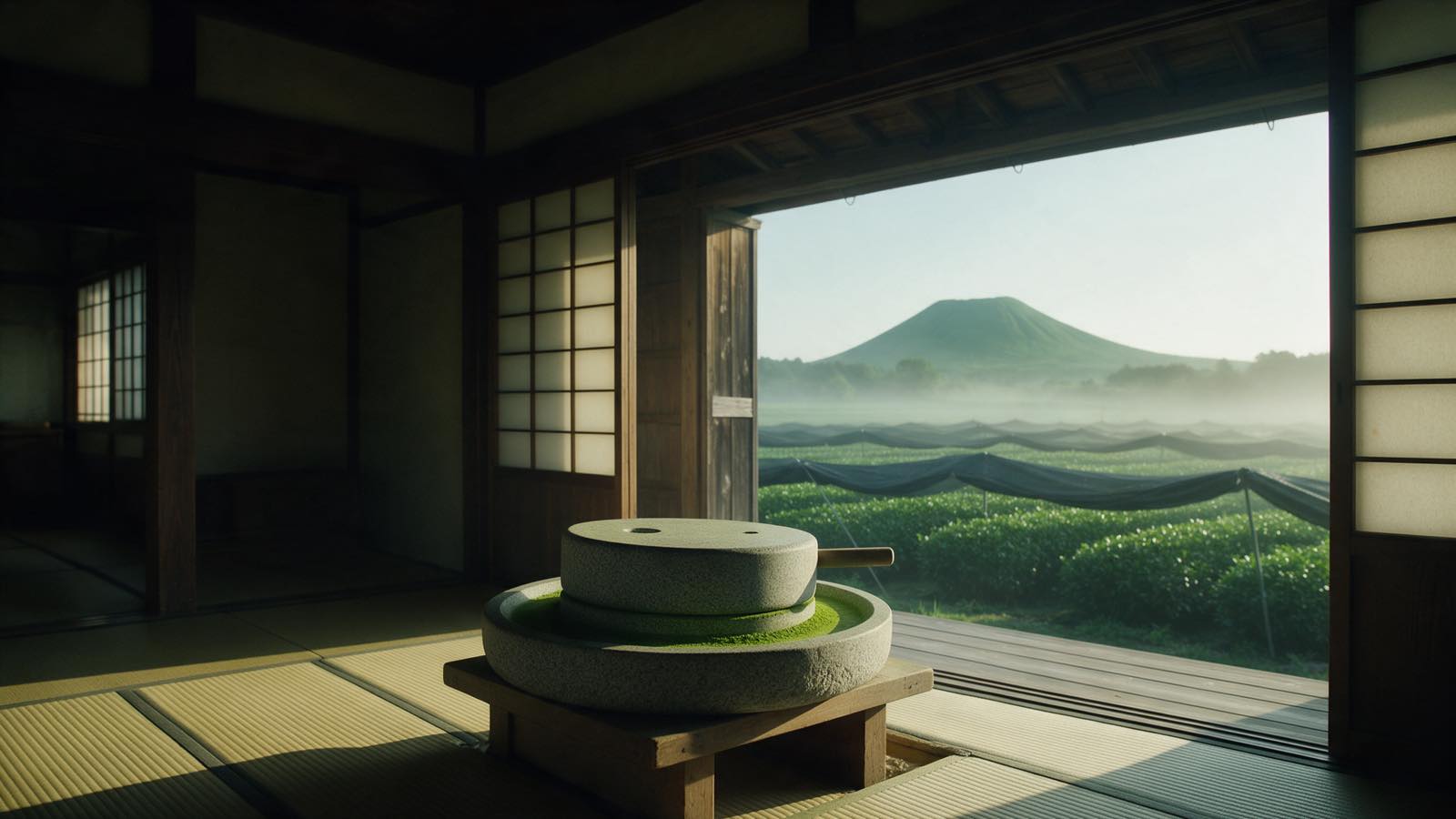 A granite tea mill in a tatami room, the tea field through the open doors